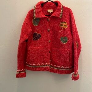 Vintage Purple Mountain Orange Leaf Hand Knit Cardigan Sweater M